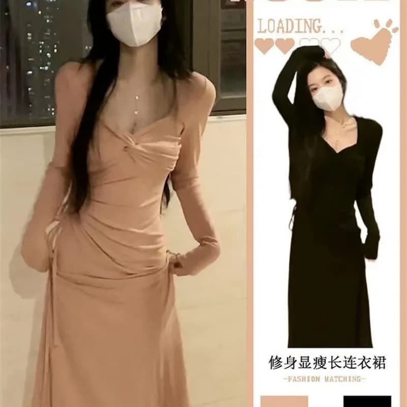 2024 Early Spring New French Style Dress for Women, Autumn/Winter Inner Layer Fitted Waist Hepburn Style Elegant Long Dress