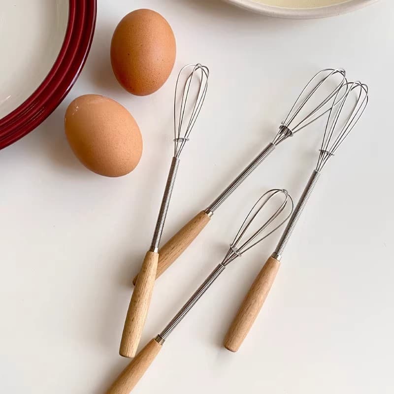 Stainless Steel Egg Whisk with Wooden Handle, Manual Stirring Rod, Handheld Egg Beater, Household Baking Tool