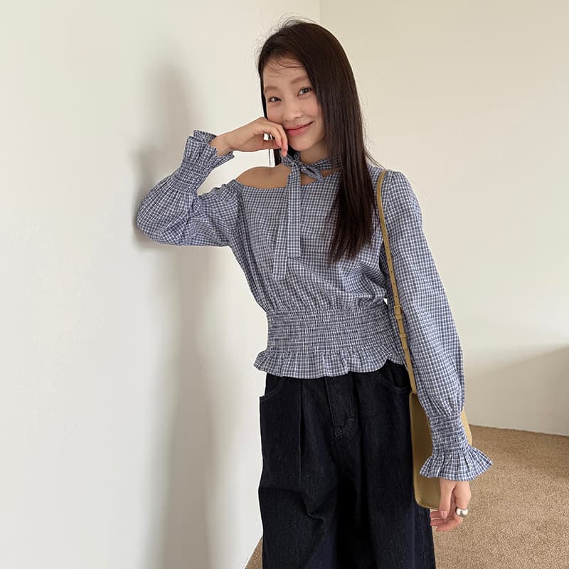 [Final Sale, No Returns] Off-Shoulder Tie-Waist Plaid Babydoll Top, Autumn French Ruffle Design Blouse 23695