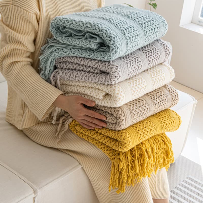 Nordic style geometric cable knit blanket, home sofa blanket, bed runner blanket, air conditioning blanket, tassel nap blanket