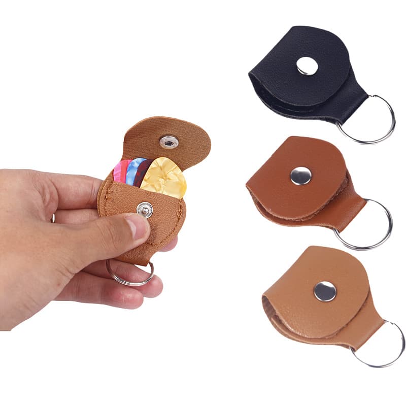 PU leather pick storage bag, portable keychain bag, protective cover for guitar accessories and picks.