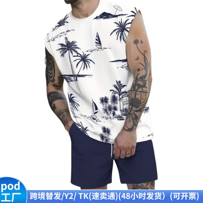 Cross-border Temu American-style 3D printed men's vest and shorts set, casual sport vest and shorts two-piece set