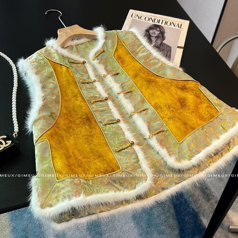 New Chinese-style National Patchwork Faux Mink Fur Versatile Top Women Winter Single-sided Wear Noble Vest Waistcoat Jacket