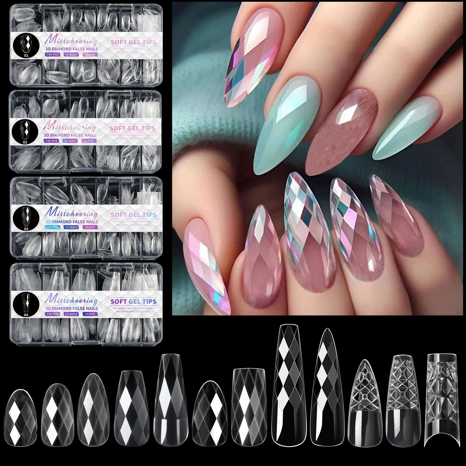 Long Diamond Shape Almond Ballet Nail Wearable False Nails 3D Nail Art Design Elegant Simple Style for Ladies Nail Extensions