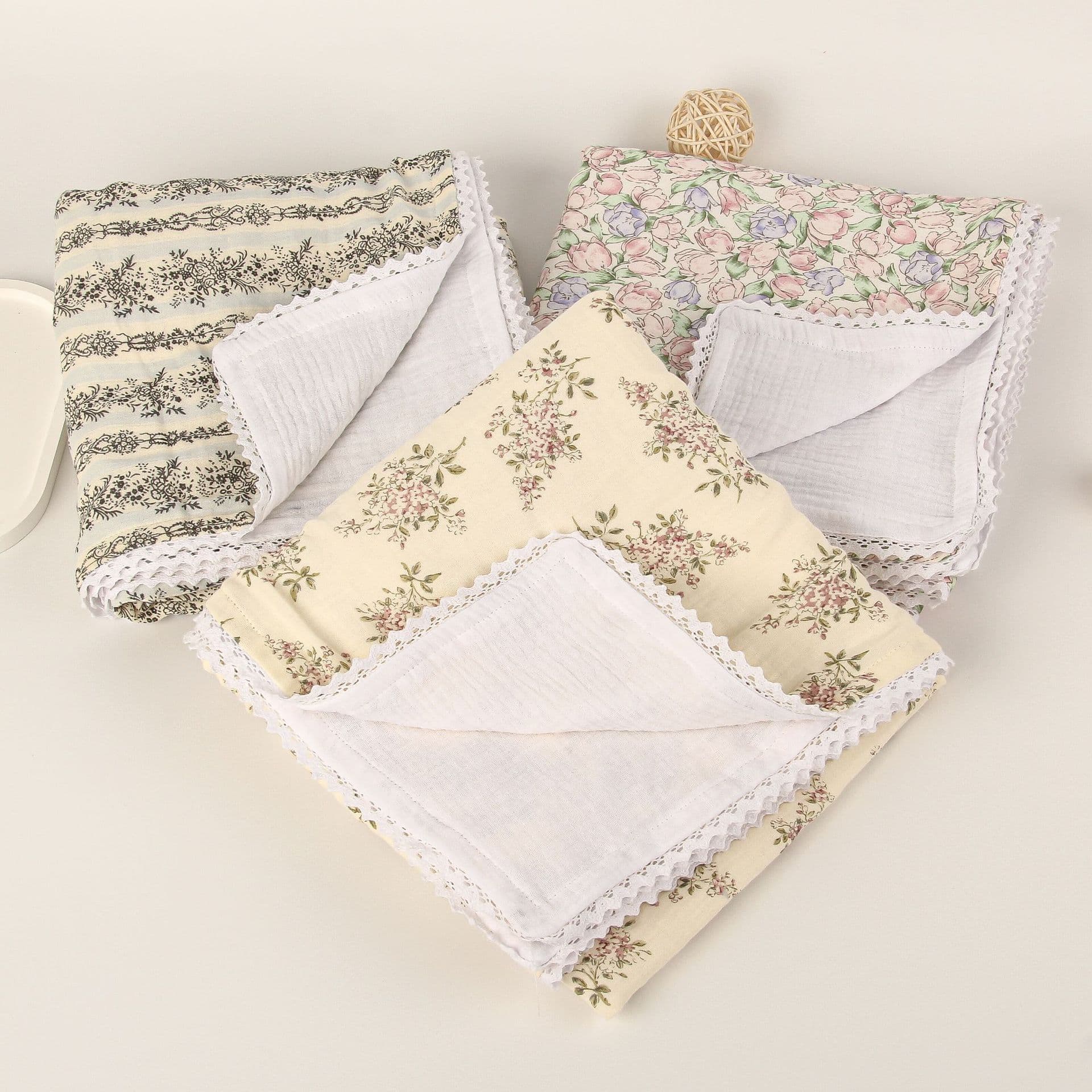 Newborn Baby Four-Layer Pleated Ruffle Blanket Swaddle Carriage Cover Towel Bath Towel Ins Style Pure Cotton Floral Animal Pattern