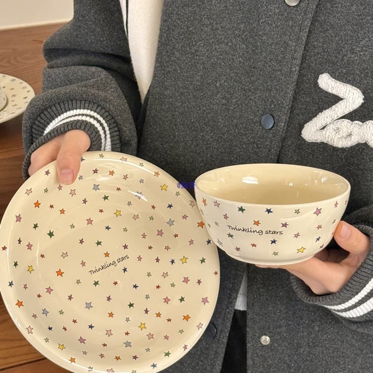 Colorful Star | High-Gloss Ceramic Plate Dessert Plate Breakfast Bowl Coffee Cup Home Tableware Set, Heat-Resistant