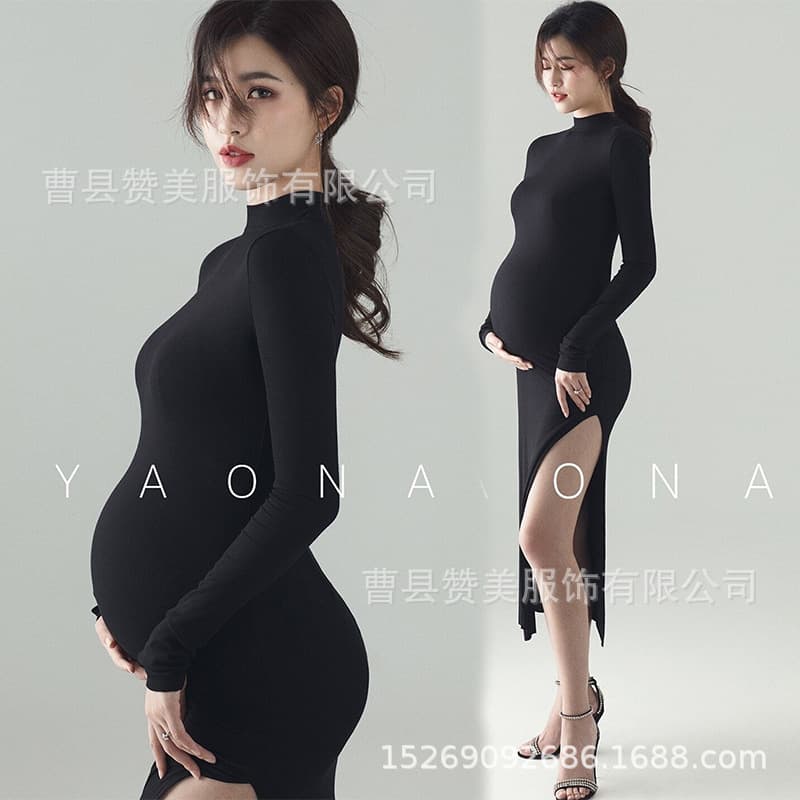 New Maternity Photography Dress, Black Slimming Fashion Plus Size Knit Maternity Gown for Studio Portraits