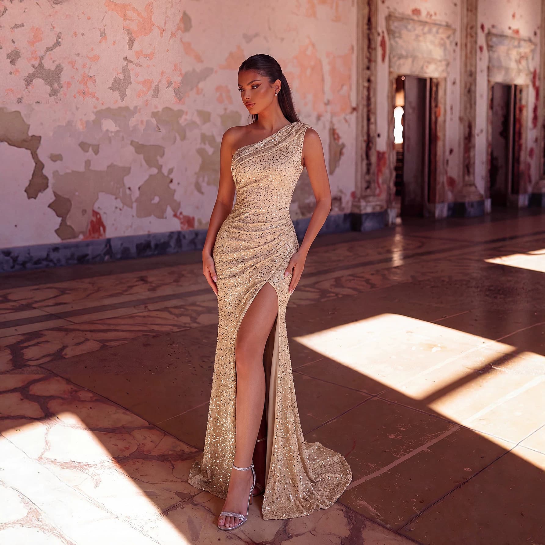 European and American Cross-Border Champagne Sequin One-Shoulder Evening Dress, Light Luxury Socialite Banquet Gown