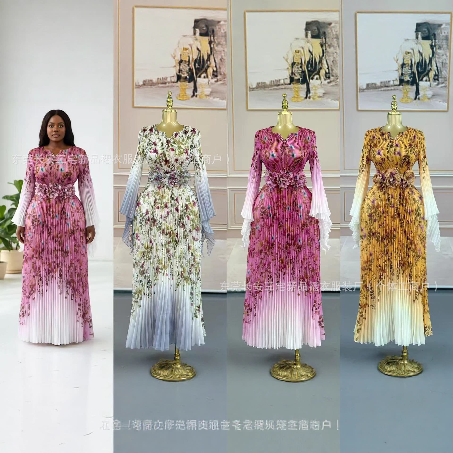Miyake Pleated European and American Cross-border Fashion Plus Size Luxury Dress Long Organza Dress Ruffle Print Dress