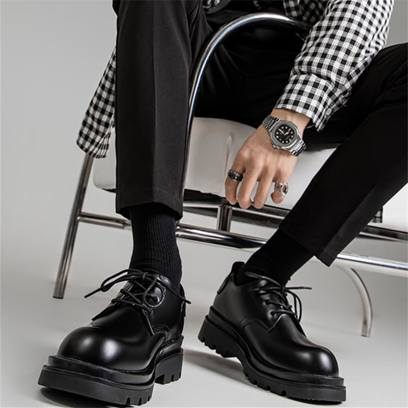 2024 Derby Shoes Men's Low-top Martin Boots British Style Round Toe Big Head Shoes Black Work Boots Thick-soled Casual Leather Shoes