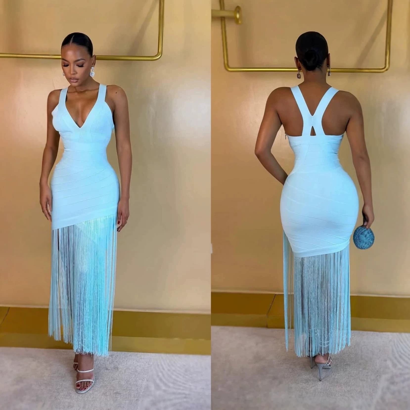 Cross-border European and American new foreign trade fashion hot girl solid color sleeveless V-neck bandage slim hip-covering tassel dress for women
