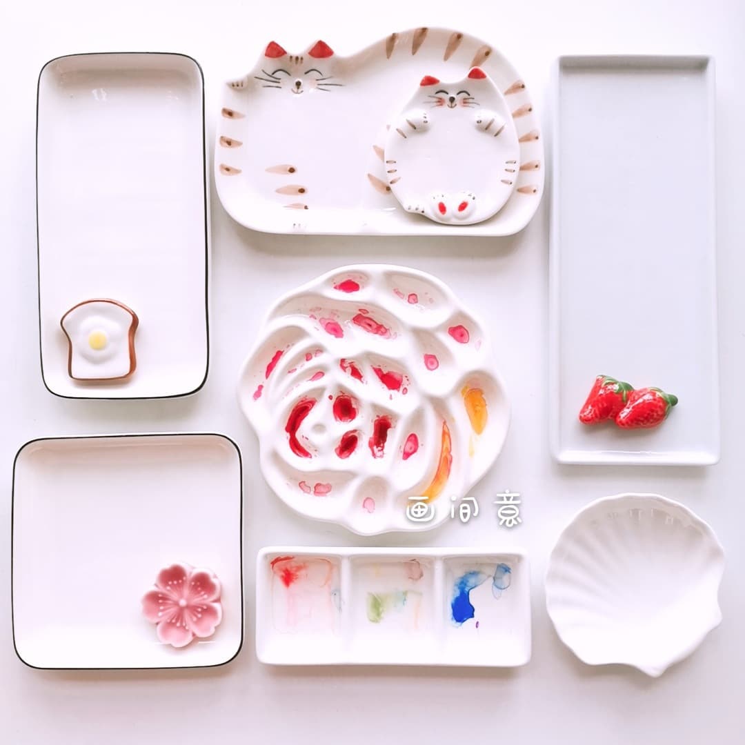 Watercolor Palette Ceramic Oil Painting Chinese Painting Paint White Porcelain Rectangular Three-Compartment Dish Rose Palette
