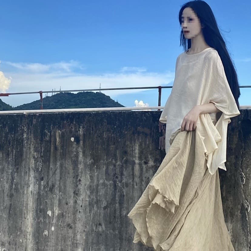 Fairy-like loose T-shirt, literary women's clothing, Zen-inspired Hanfu, women's 2025 summer super fairy tea dress skirt set