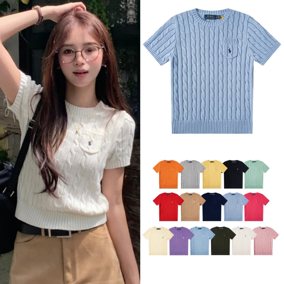 High-quality RL Ralph Lauren embroidered pony logo cable-knit pocket round-neck polo knit short-sleeve women's versatile pure cotton top