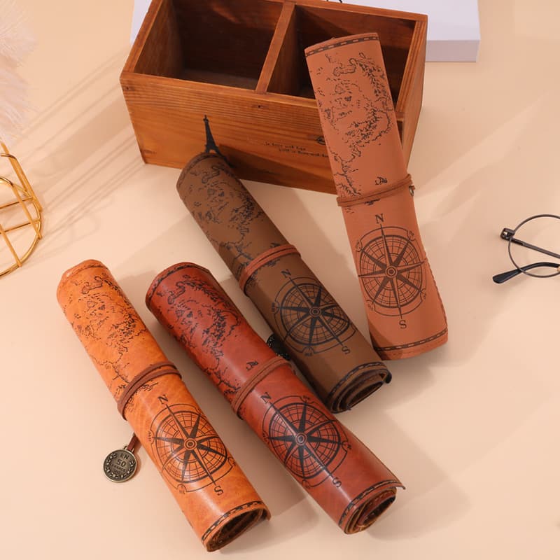 Custom Treasure Map Vintage Creative Pencil Case PU Leather Large Capacity Roll Pencil Bag Cute Simple Stationery Box