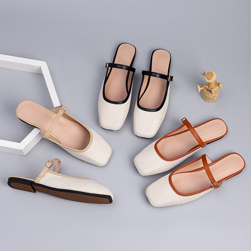 Vintage Soft Fairy Style Woven Closed-Toe Slippers for Women, Summer Square Toe Fashion Mary Jane Shoes with Unique Fishnet Design