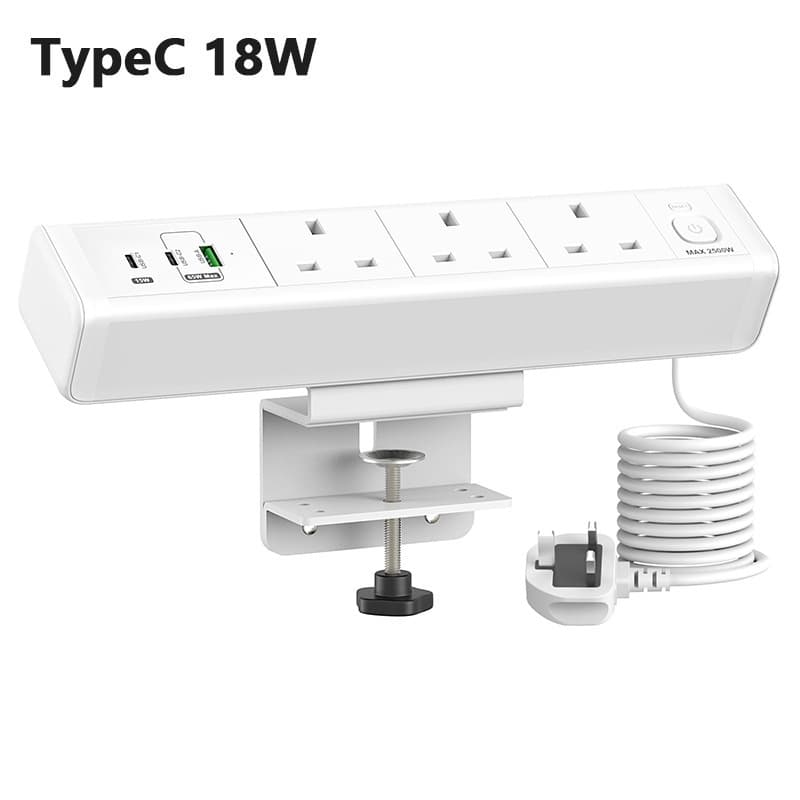 British standard triple power + USB 65W fast charging strip, twist-fixed desktop UK power clamp socket with switch