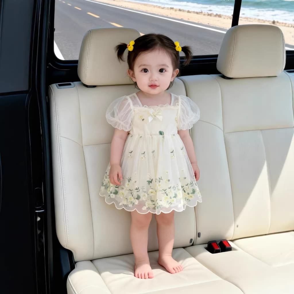 Summer Girls Princess Floral Embroidery 2026 Summer Mesh Baby Girl Dress Birthday First Birthday Party Gown