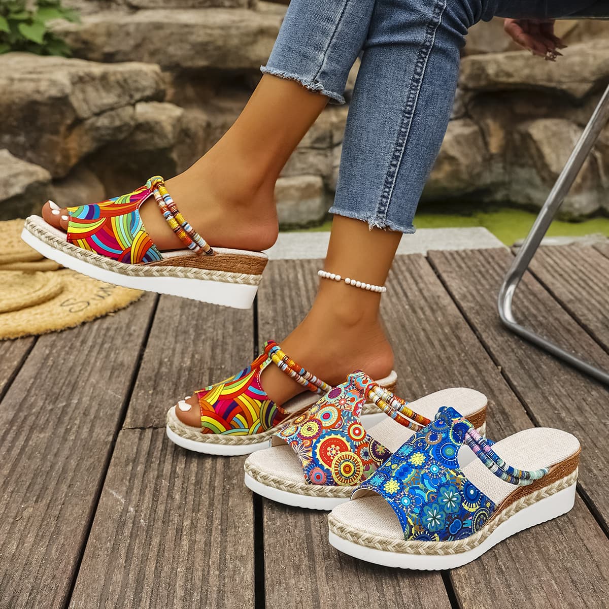 Women's Colorful Summer Sandals New Wedge Beach Shoes One-Strap Mid-Heel Casual Outdoor Slipper
