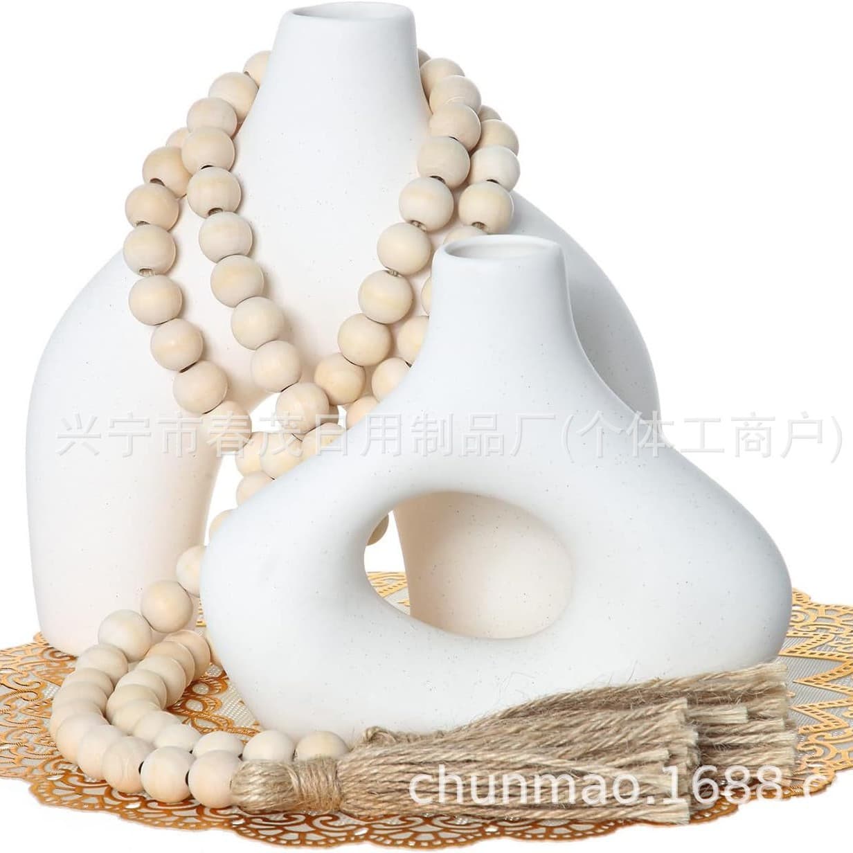 4-Piece Boho Ceramic Vase Wooden Bead Garland and Gold Round Placemat Home Coffee Table Decor