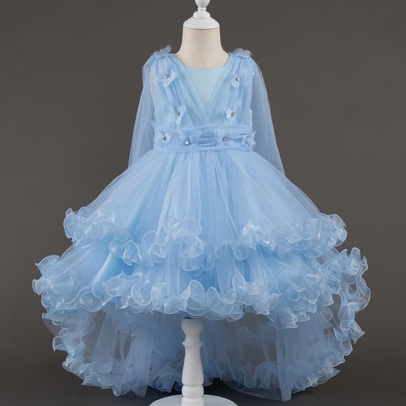 Best-selling Floral Train Tulle Princess Dress for Kids, Piano Performance & Runway Gown