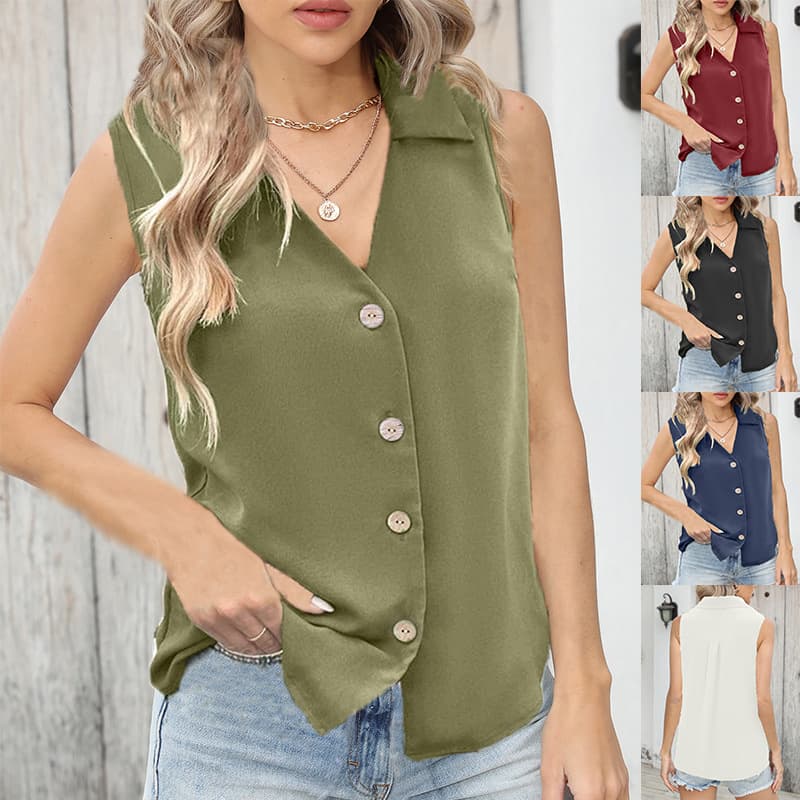 Loose V-neck Sleeveless Button-up Chiffon Shirt Women's Summer Fashion Pure Color Comfortable Casual Urban Style Top