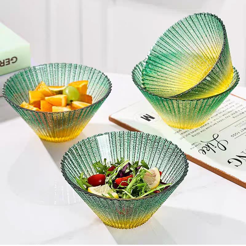 Nordic Hammered Pattern Bowl, High-Temperature Resistant Large Soup Bowl, Salad Bowl, Gradient Glass Bowl, Large-Capacity Household Fruit Bowl