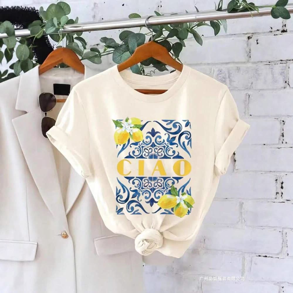 Calvaya Women's Apricot Ciao Lemon Print Crew Neck Comfortable