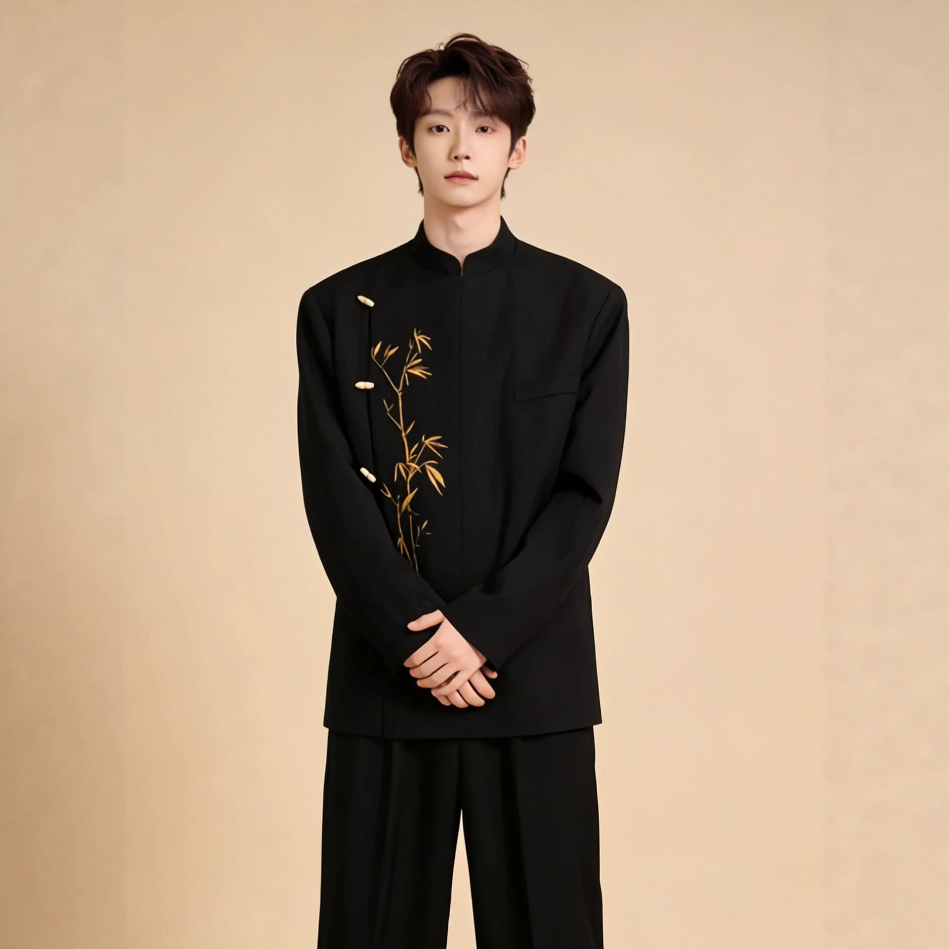New Chinese style men's wedding Chinese style golden bamboo embroidery Tang suit Chinese tunic suit groom engagement wedding high-end suit