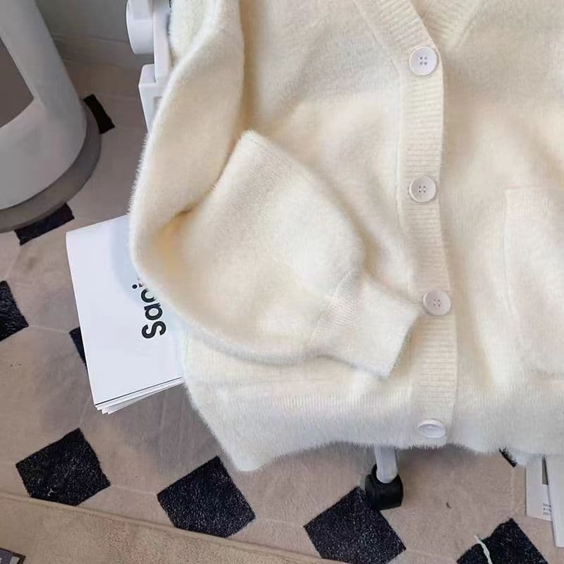New Knitted Cardigan Fluffy Spring Long-Sleeve Top for Petite Women 2025 Thickened Warm Coat