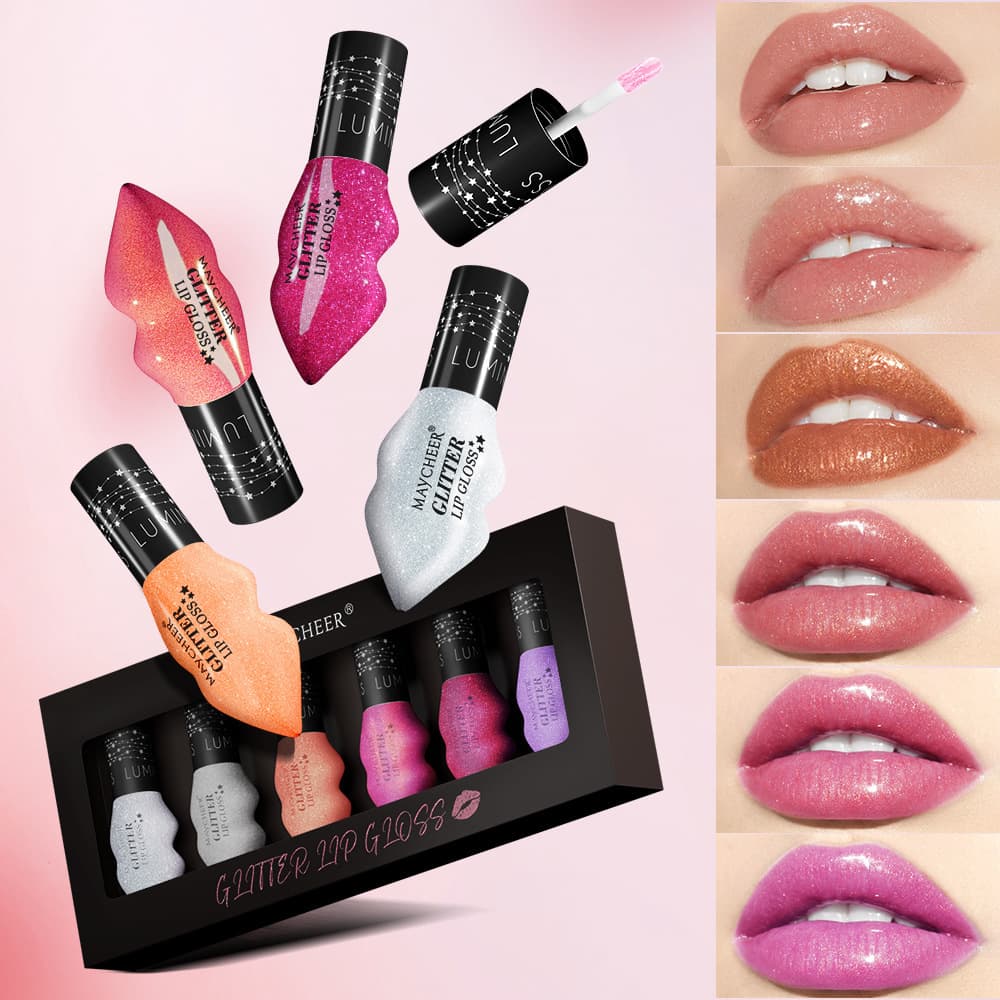 MAYCHEER 6-pack set of sparkling pearlescent lip gloss, water-glossy mirror, plump and long-lasting makeup, pouty lips, foreign trade in the UK