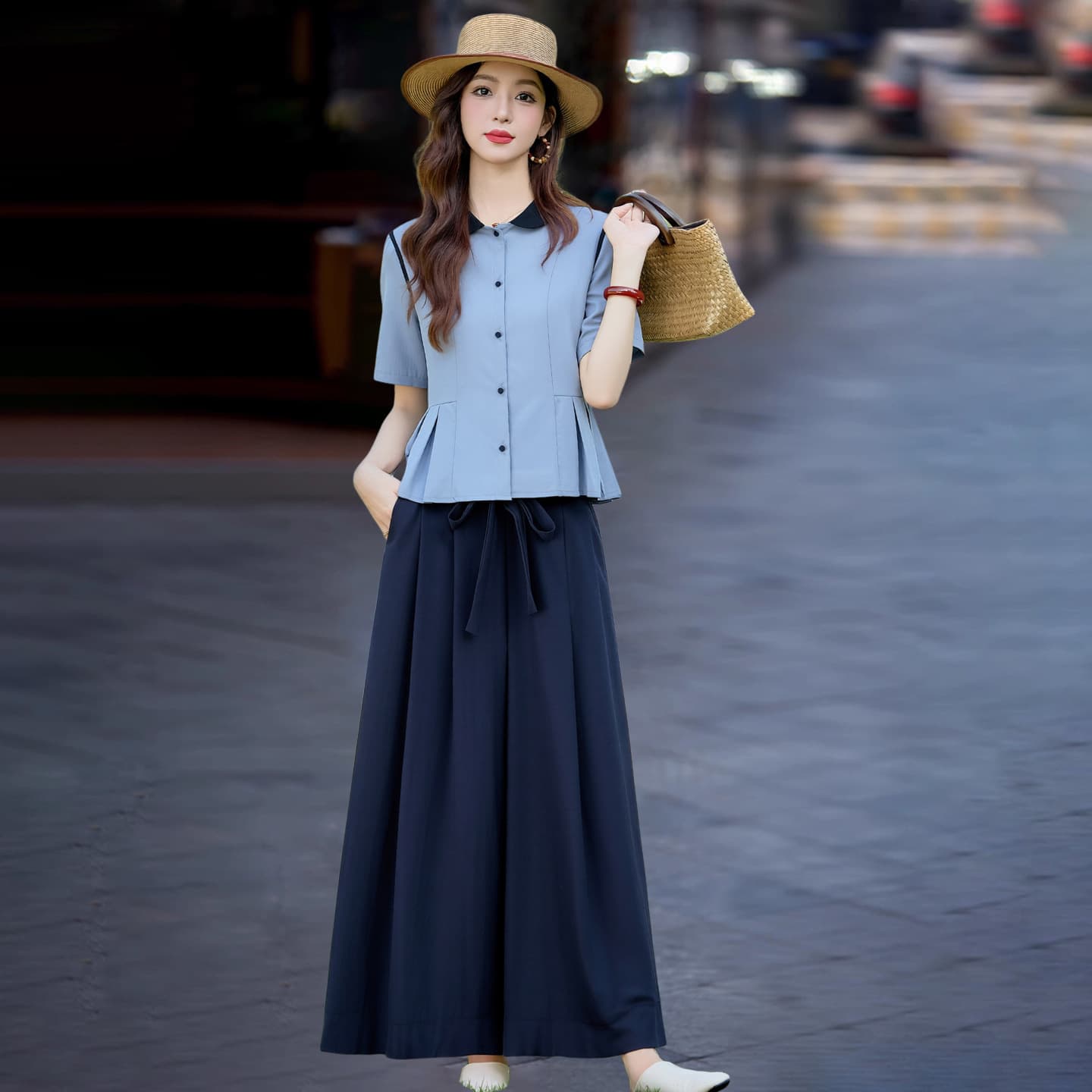 Short Sleeve Blue Shirt Wide-Leg Pants Set Women's Summer 2026 New Fashion Casual Chic Flattering Two-Piece Set