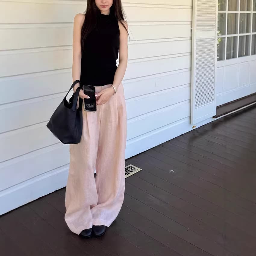 YUYUREA Oxygen% Pure Linen Summer Air Conditioning White Pink Casual Pants Flowing Wide Leg Cotton Linen Pants