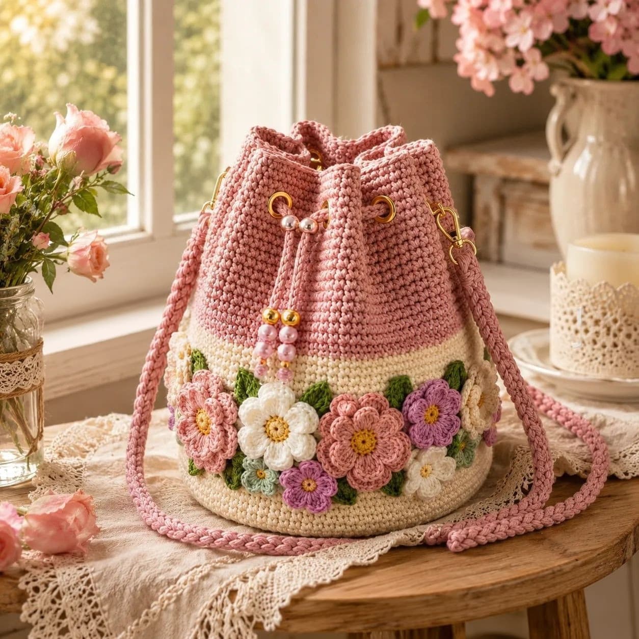 New Cross-Border Bloom Garden Crochet Flower Bucket Bag