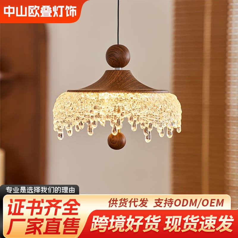 Yingluo Mid-century Style Chandelier Iceberg Dining Room Retro Walnut Color French Corridor Candle Small Droplet Bedside Light