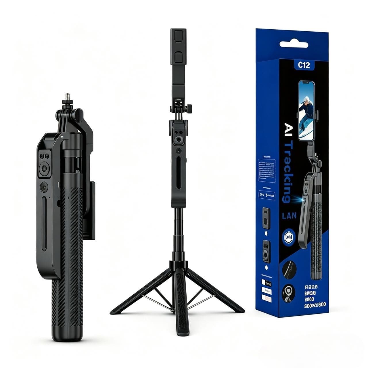 C12 Smart AI Auto Tracking Gimbal Selfie Stick with Stabilization, Bluetooth Multi-Function Selfie Stick for Live Streaming