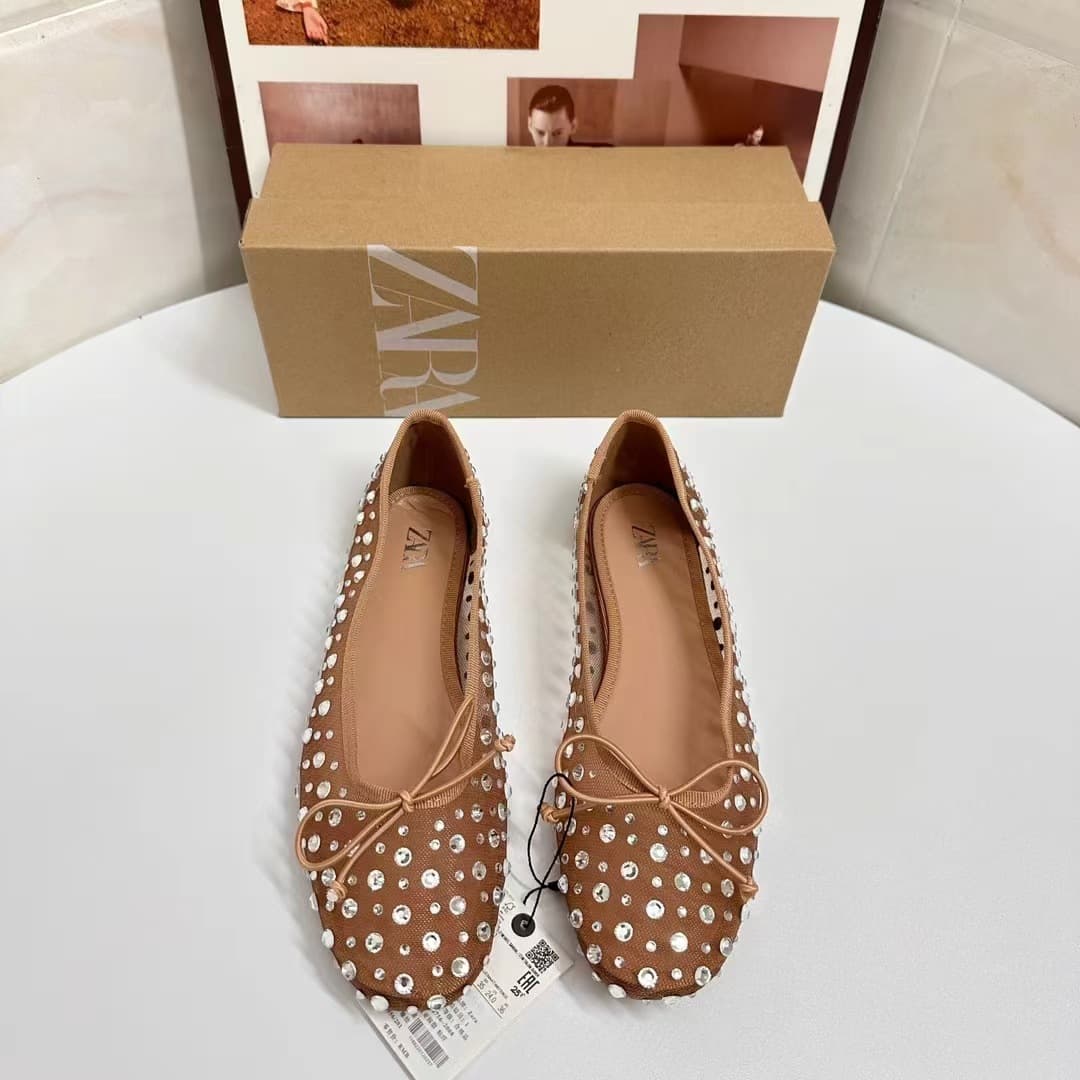 ZA summer 2024 new fashion versatile women's shoes beige bow decorated with baby's breath ballet style flat shoes comfortable