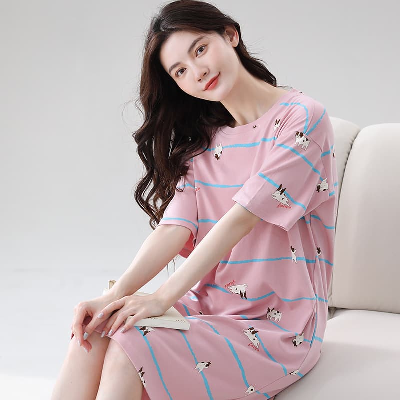 2026 High-Quality Cotton Sleep Dress for Women Summer Thin Short Sleeve Cute Pajamas Round Neck Loose Ladies Homewear