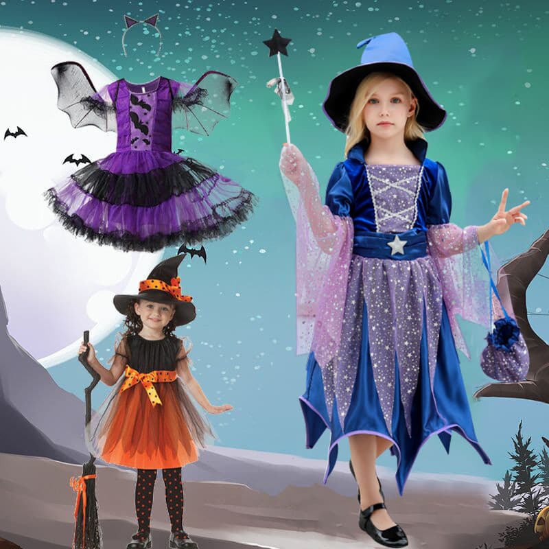 Halloween Kids Costume Girls Witch Cape Elf Magic Dress Children Performance Cosplay Outfit