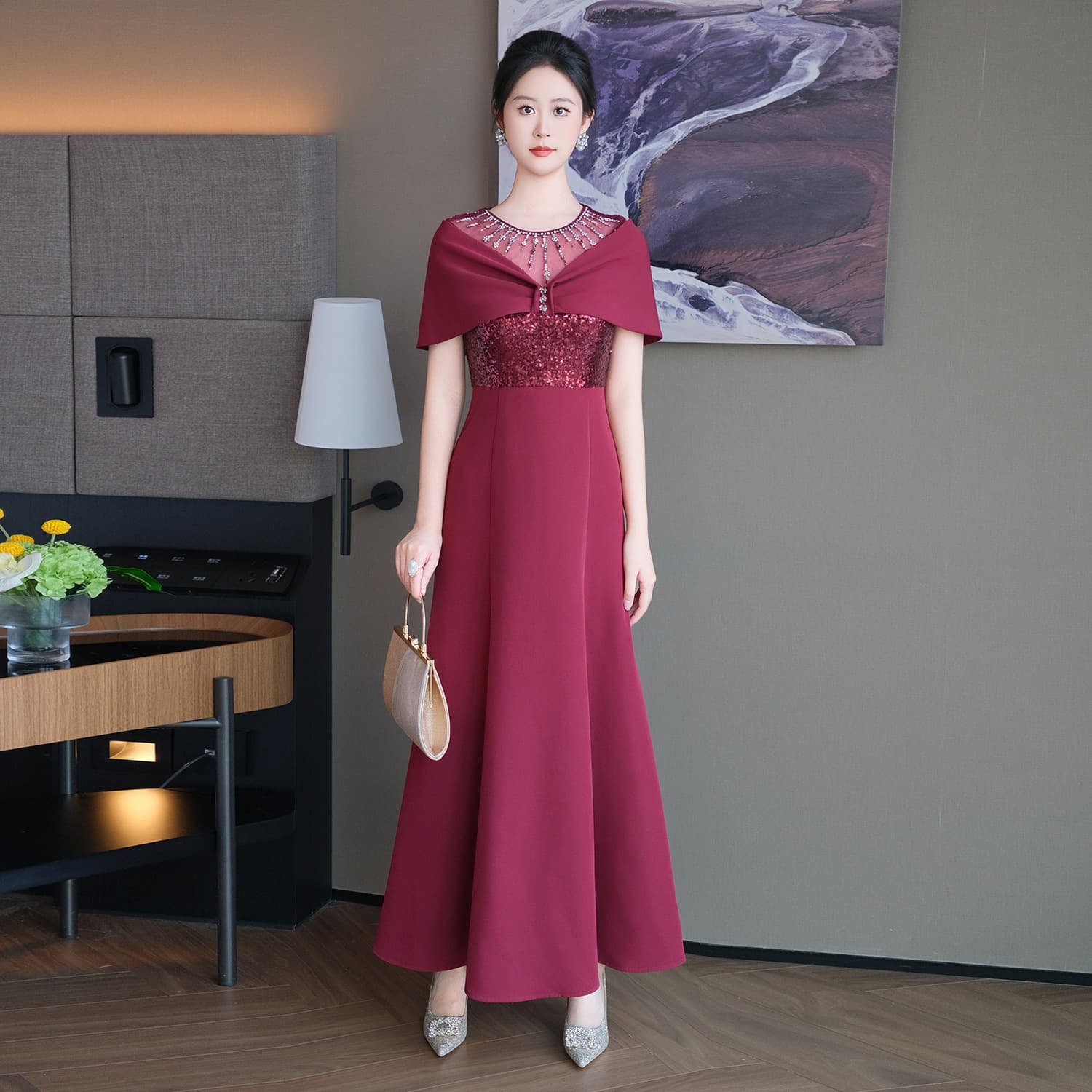 New Wedding Banquet Elegant Dress Mother of the Groom Noble Western-style Sequin Dress Slim Fit Long A-line Dress