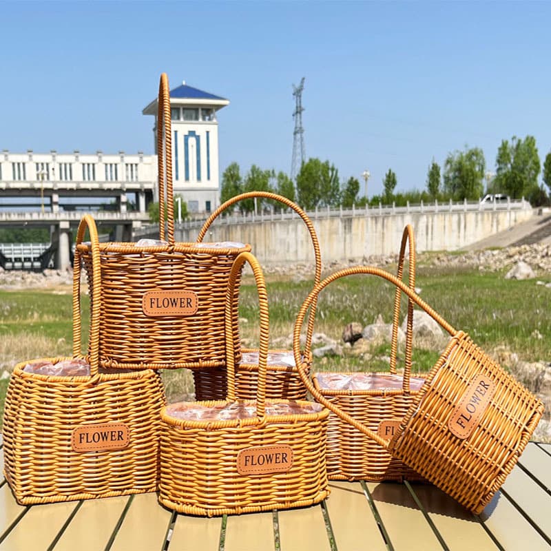 Rattan Handled Flower Arrangement Basket, Imitation Rattan Handwoven Florist Willow Basket, Living Room Decor Photo Prop, Rustic Flower Basket