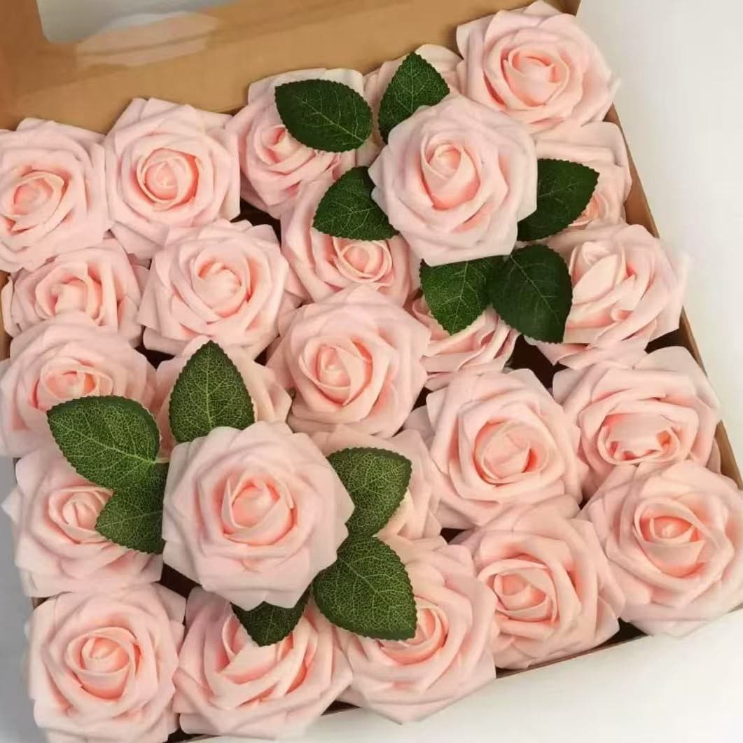 Factory wholesale 8CM style 25-flower gift box artificial roses with leaves and stems, European style PE foam flowers