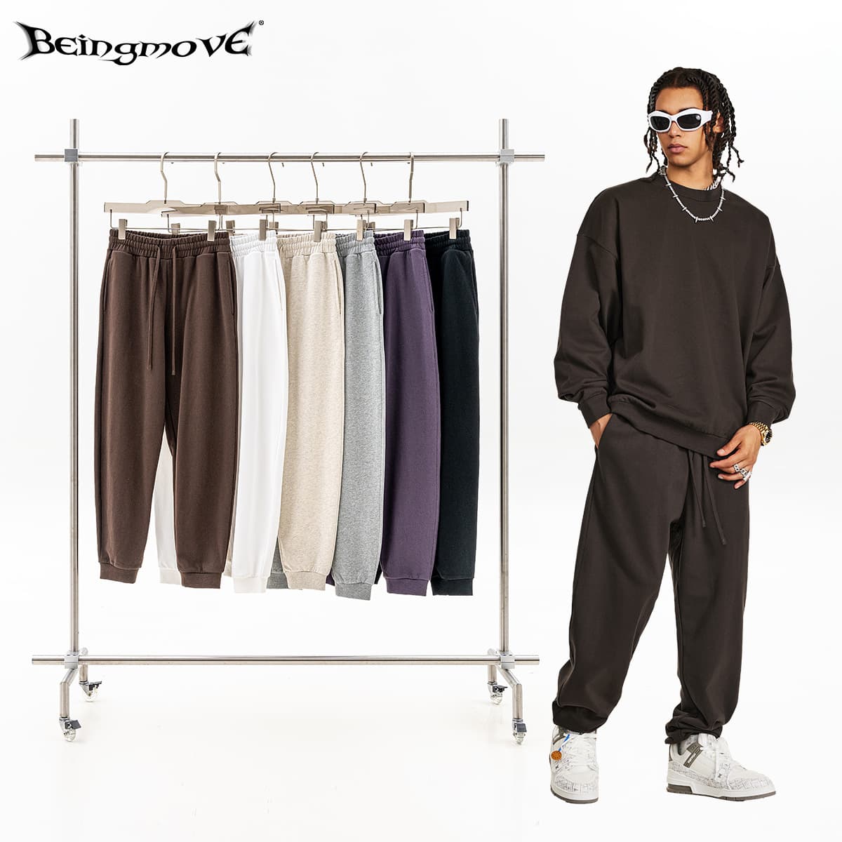 American Retro Style Knitted Sporty Men's Long Pants Autumn Earth Tone Cuffed Sweatpants Casual Loose Fit with Belt