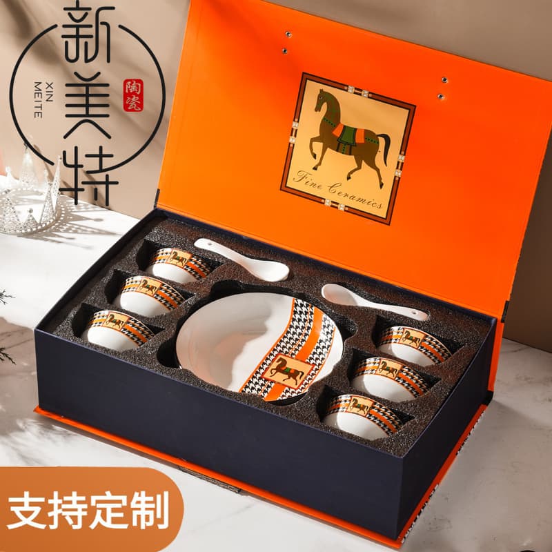 Horse Retro Style Ceramic Tableware Bowl and Chopsticks Set, Luxury Gift Box for Wedding Souvenirs, Opening Ceremonies, Festivals, and Housewarming