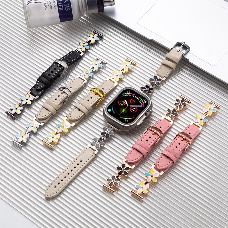 Suitable for Apple Watch Leather Strap, Women's Floral Metal Buckle Fashion Wristband, iWatch Strap, Simple and Versatile