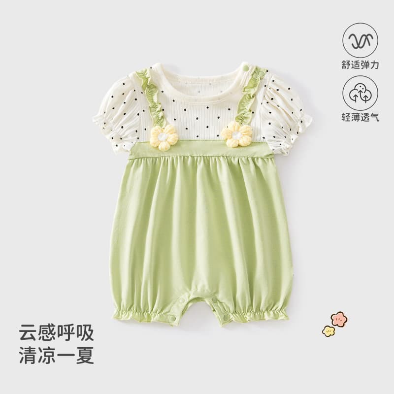 Baby clothes, thin clothing, hooded short-sleeved suspender jumpsuit, fake two-piece outing clothes, breathable and light Anyang