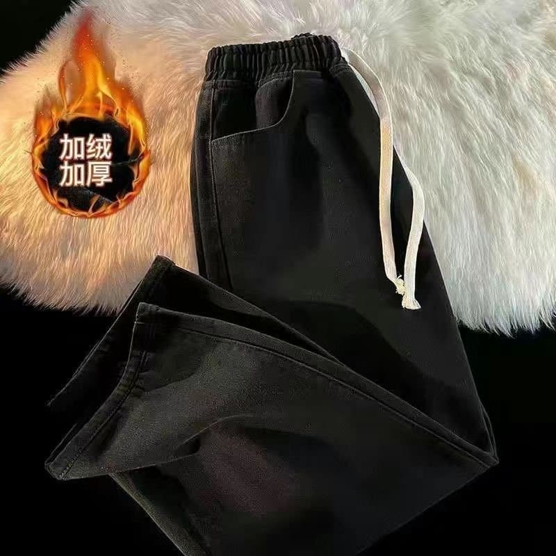 Thick Fleece-Lined Jeans for Men, Winter American Retro Trendy Brand, Versatile Loose Casual Wide-Leg Straight-Long Pants