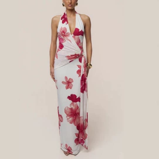 2026 New Amazon AliExpress Cross Neck Deep V Twist Print Bodycon Maxi Dress