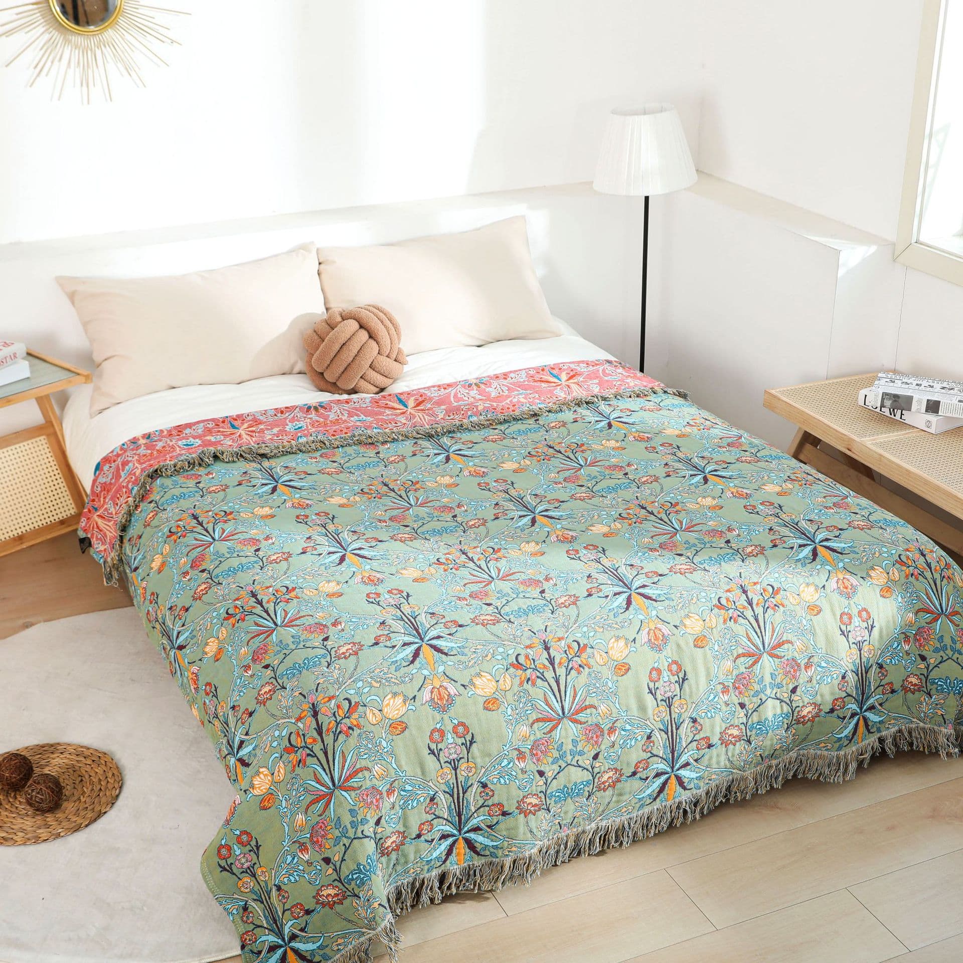 Green Plum Blossom Pure Cotton Gauze Towel Blanket, Single/Double Cotton Sofa/Air Conditioning Blanket, Nap Blanket