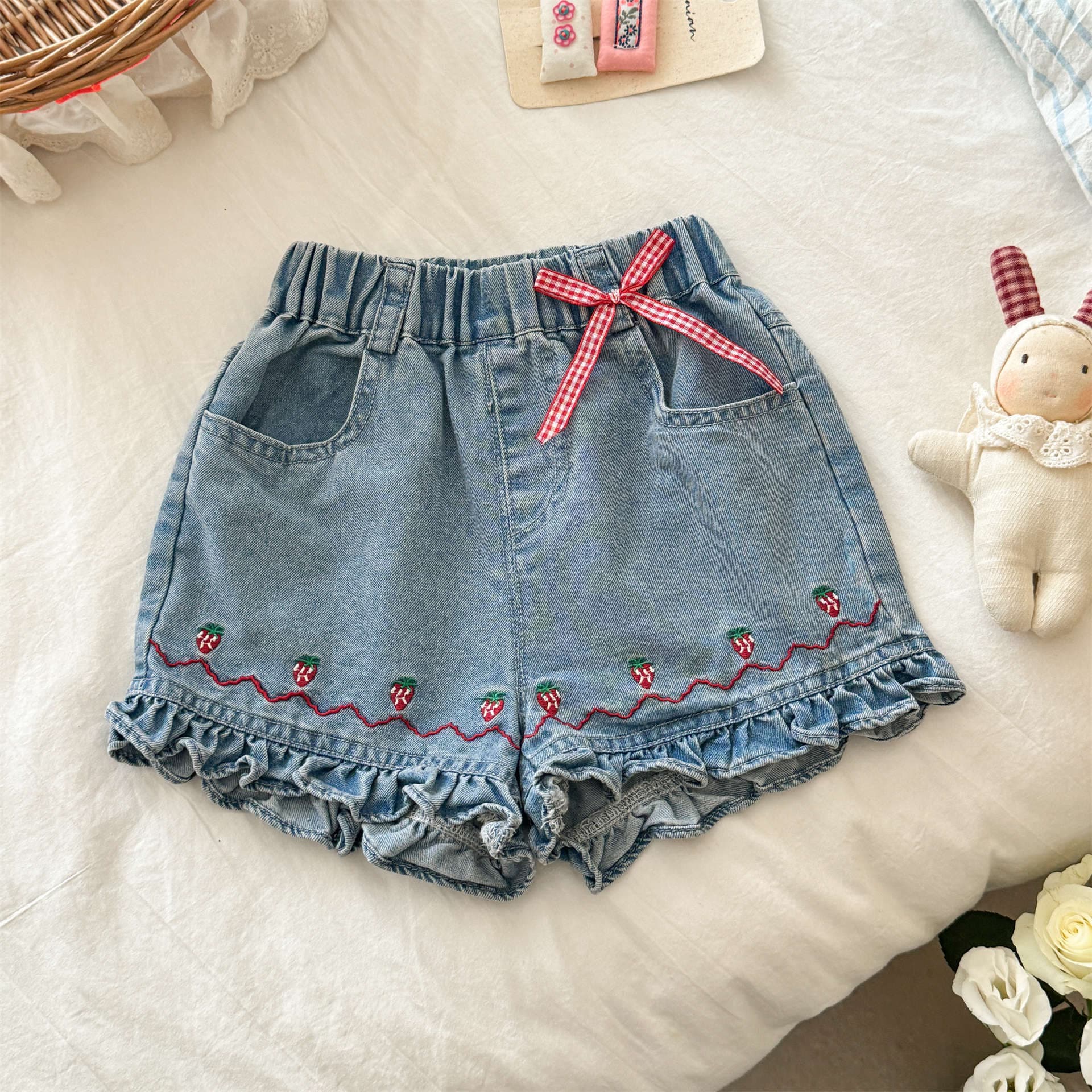 Korean Kids Clothing Girl Baby Children Summer Korean Style Cherry Doll Shirt Blouse Strawberry Ruffle Trim Denim Shorts